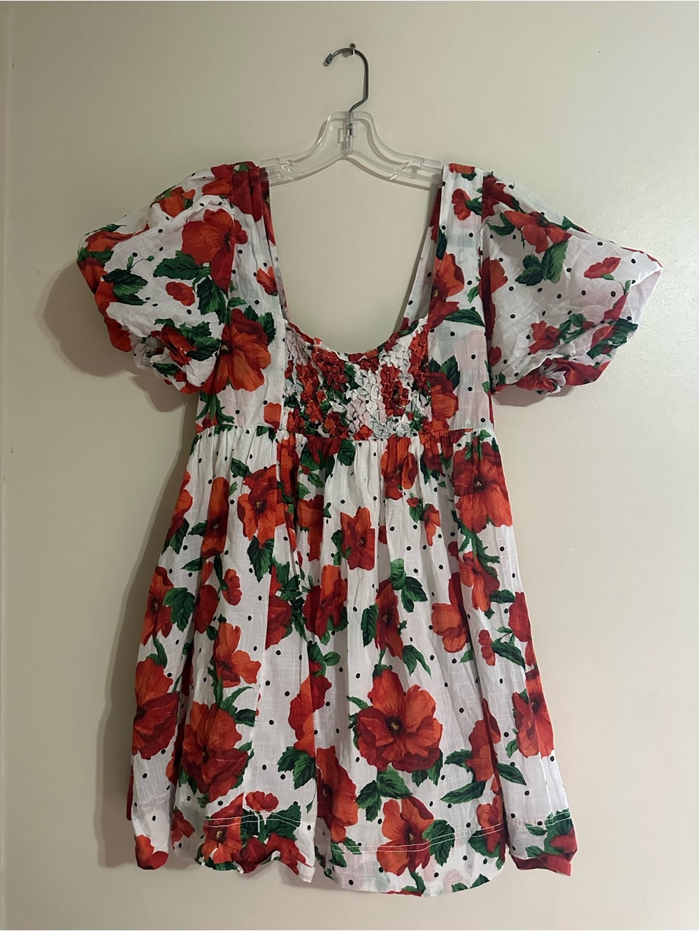 Maeve White Mini Dress with Red Floral Print and Green Leaves